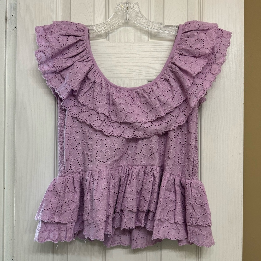 House of Harlow 1960 Eyelet Lace Ruffled Top With Shirred Back Peplum Hem Size S
